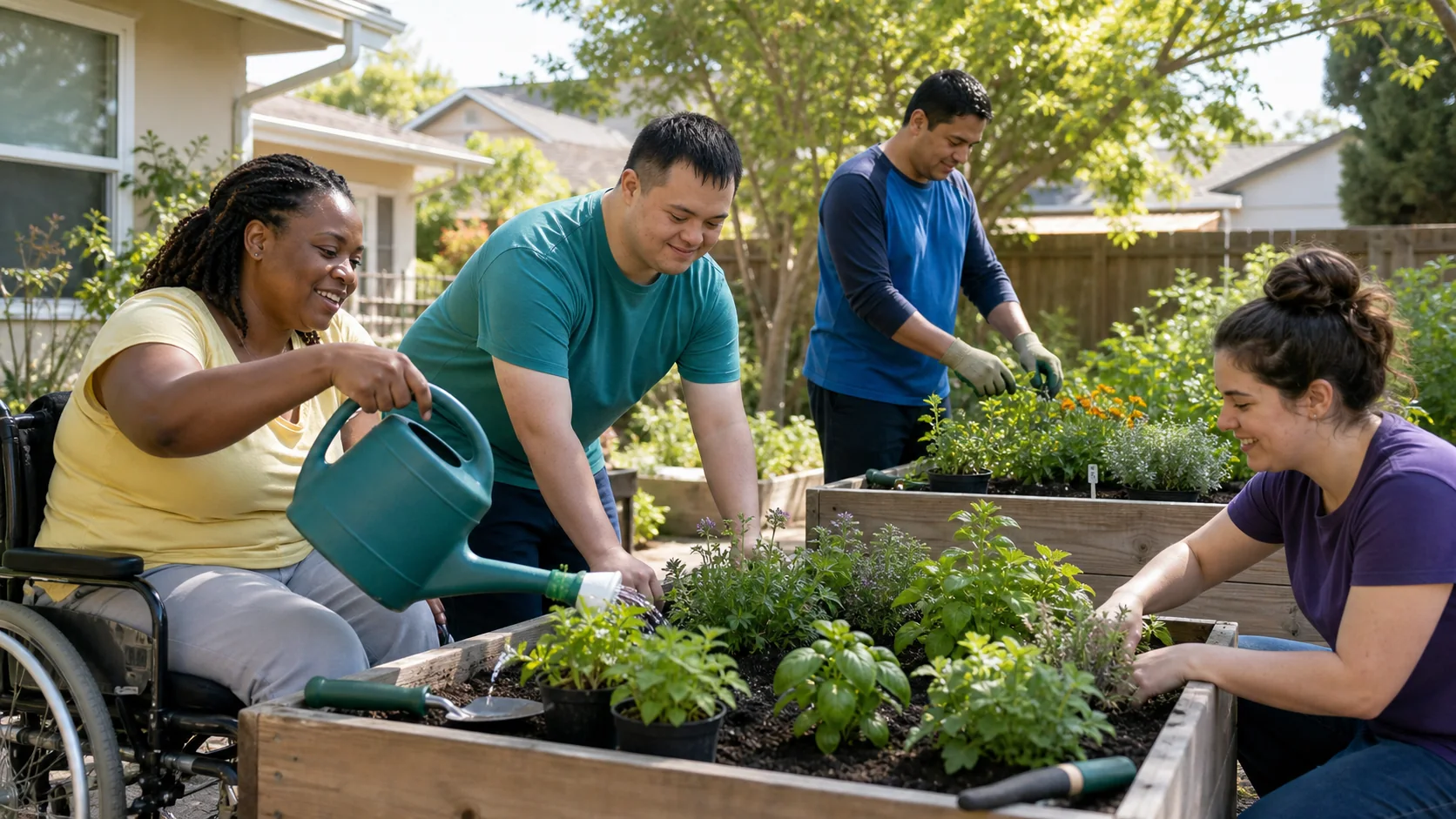 Residents enjoying an accessible garden together