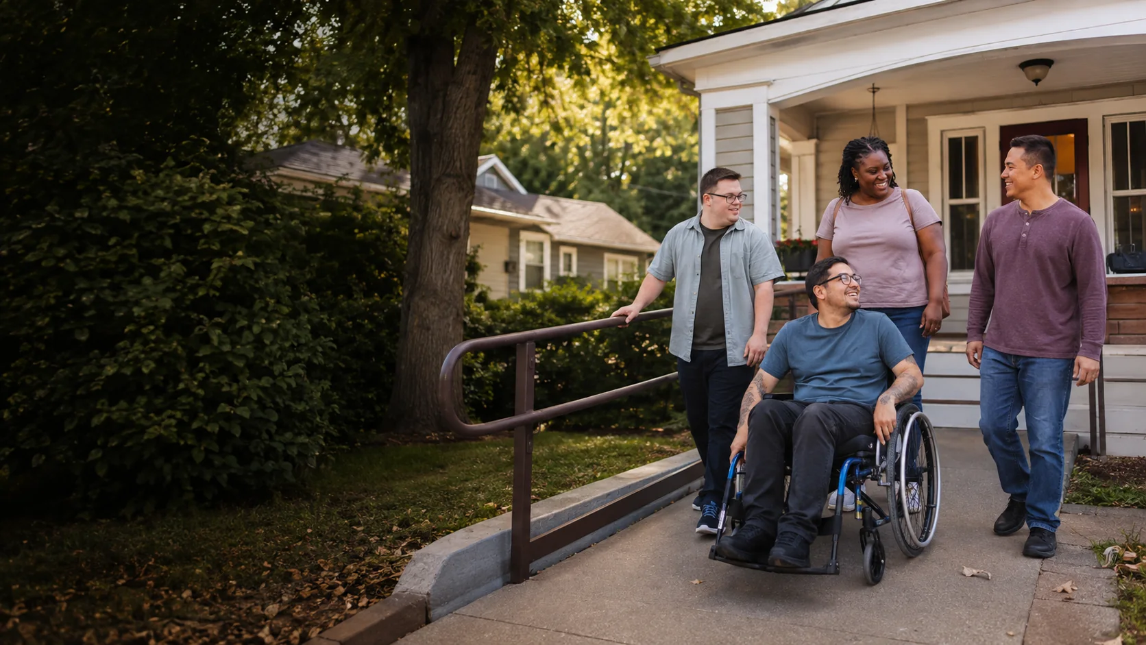 Adults with developmental disabilities arriving at an accessible community home
